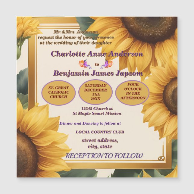 Sunflowers floral wedding magnetic invitation (Front)