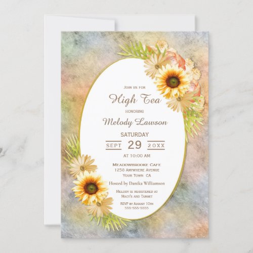 Sunflowers Floral with Gold Frame High Tea Invitation