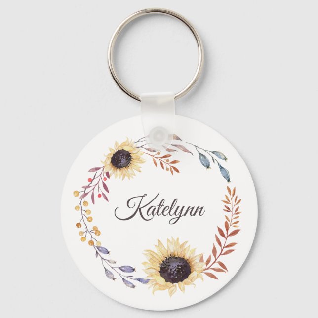 Sunflowers Floral Wreath Personalized Keychain (Front)