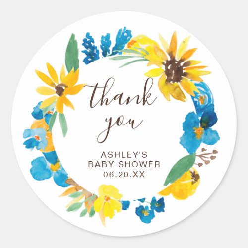 Sunflowers floral wreath watercolor thank you classic round sticker