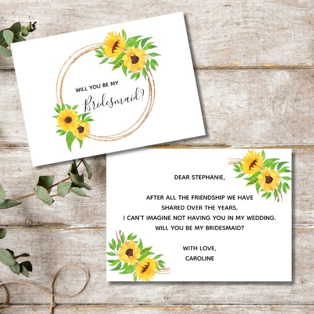 Sunflowers Floral Yellow Will You Be My Bridesmaid Invitation (Sunflowers Bridesmaid Proposal card. Add your personal message to the back of the card)