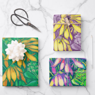 Sunflowers Flowers Floral Art Green Yellow Purple Wrapping Paper Sheets