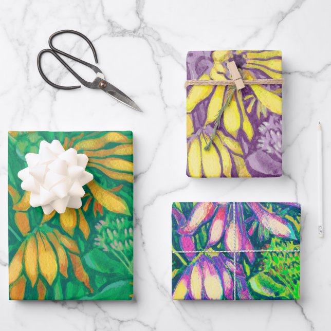 Sunflowers Flowers Floral Art Green Yellow Purple Wrapping Paper Sheets (Front)