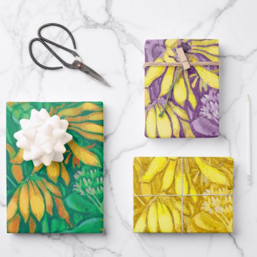 Sunflowers Flowers Floral Art Green Yellow Violet Wrapping Paper Sheets