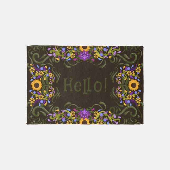 Sunflowers Folk Art Hello Beautiful Outdoor Rug (Front)