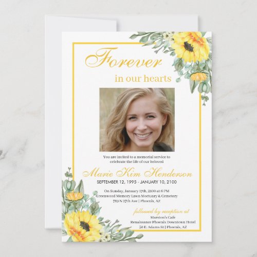 Sunflowers Forever in our Hearts Funeral Photo  Invitation