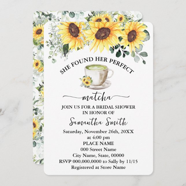 Sunflowers Found Her Perfect Matcha Bridal Shower  Invitation (Front/Back)