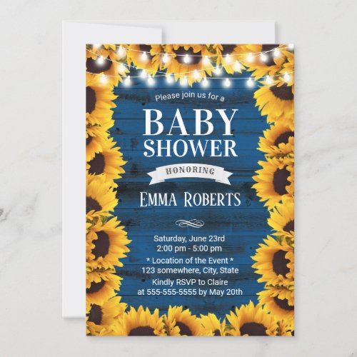 Sunflowers Framed Navy Blue Barn Wood Baby Shower Invitation