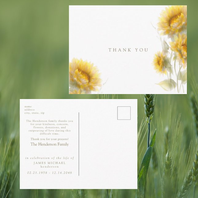 Sunflowers Funeral Personalized Thank You Postcard (Creator Uploaded)