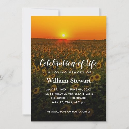 Sunflowers Funeral  Sunset Celebration of Life Invitation