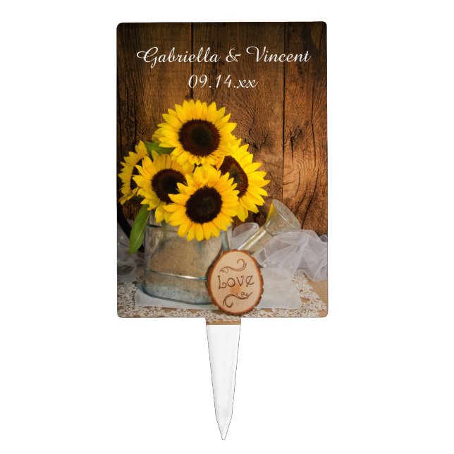 Sunflowers Garden Watering Can Barn Wedding Cake Topper (Front)
