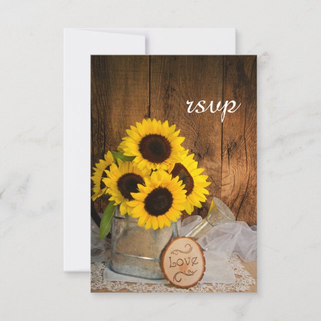 Sunflowers Garden Watering Can Wedding RSVP Card (Front)