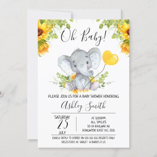 Sunflowers Gender Neutral Elephant Baby Shower Invitation