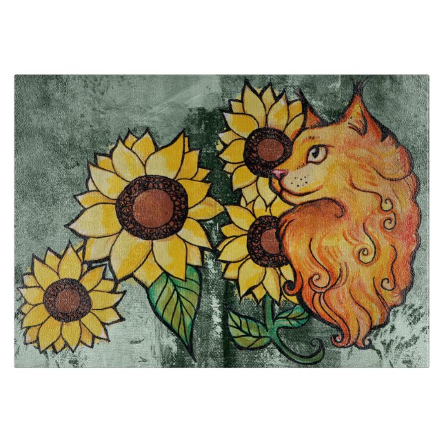 Sunflowers Ginger Maine Coon Cat                   Cutting Board (Front)