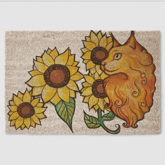 Sunflowers Ginger Maine Coon Cat                   Fiber Doormat