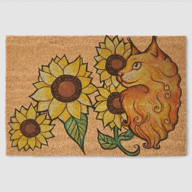 Sunflowers Ginger Maine Coon Cat                   Fiber Doormat (Front)