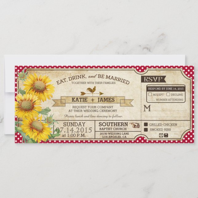 Sunflowers Gingham Check Country Picnic Wedding Invitation (Front)