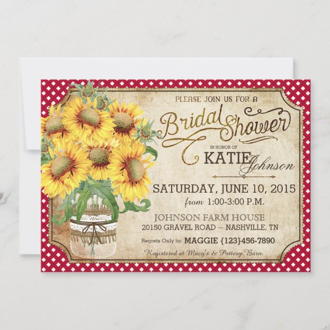 Sunflowers Gingham Country Picnic Bridal Shower Invitation (Front)