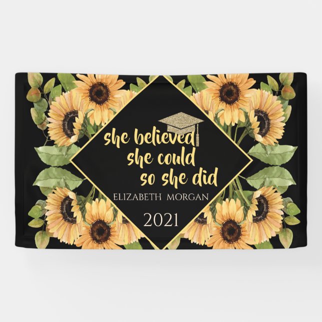 Sunflowers Glitter Graduate Cap Banner (Horizontal)