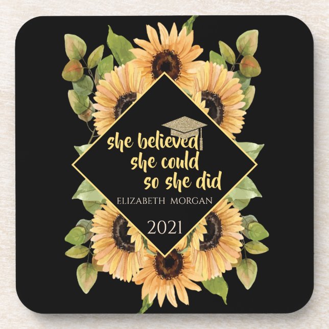 Sunflowers Glitter Graduate Cap Beverage Coaster (Front)