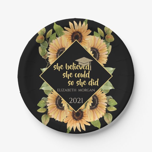 Sunflowers Glitter Graduate Cap Beverage Coaster K Paper Plates (Front)