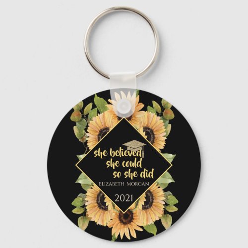 Sunflowers Glitter Graduate Cap Beverage Coaster Keychain
