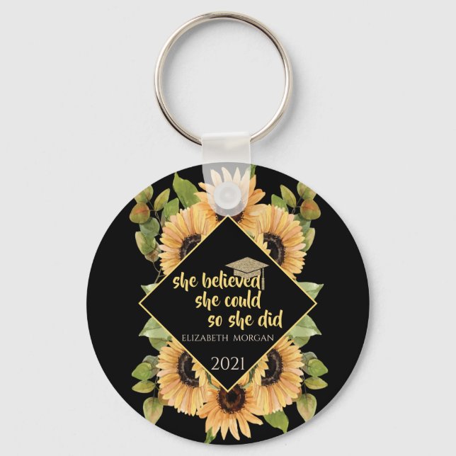 Sunflowers Glitter Graduate Cap Beverage Coaster Keychain (Front)