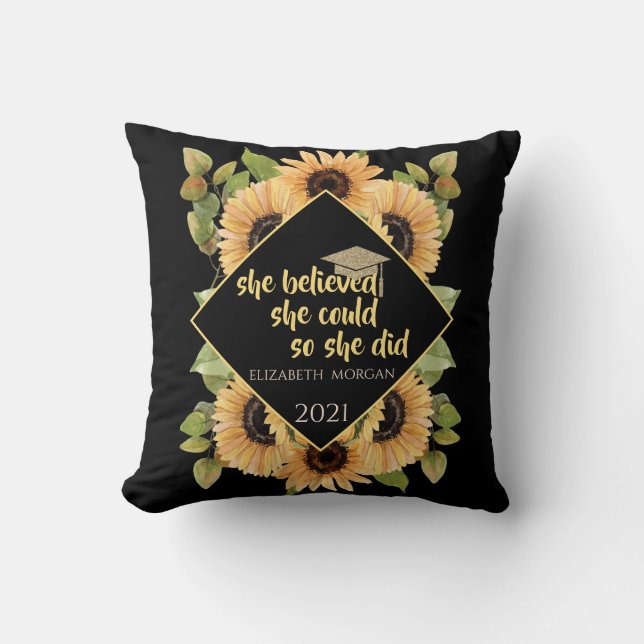 Sunflowers Glitter Graduate Cap Beverage Coaster Throw Pillow (Front)