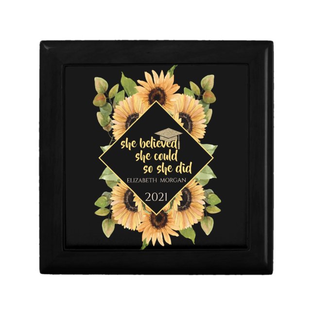 Sunflowers Glitter Graduate Cap Gift Box (Front)