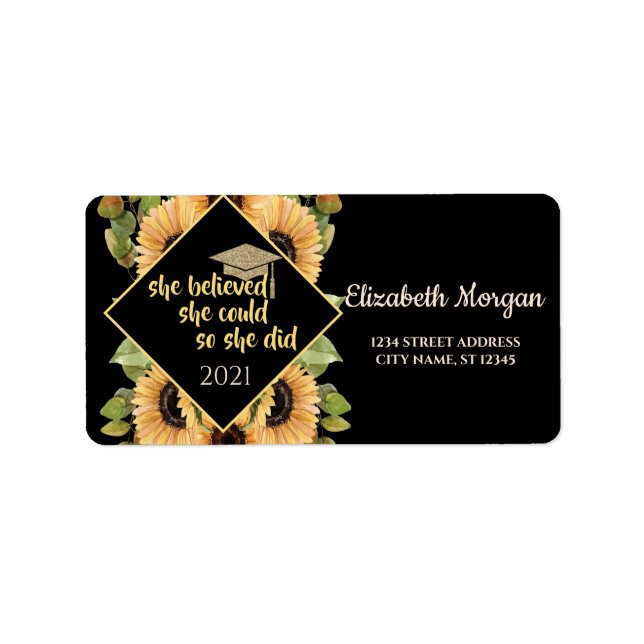 Sunflowers Glitter Graduate Cap Label (Front)