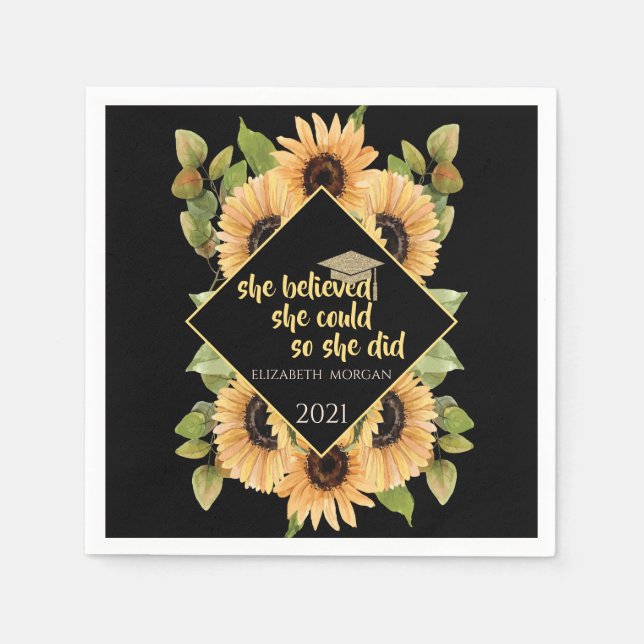 Sunflowers Glitter Graduate Cap Napkins (Front)