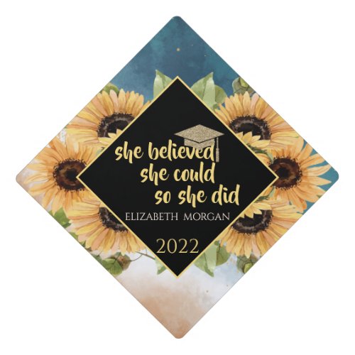 Sunflowers Glitter Graduate Cap Watercolor