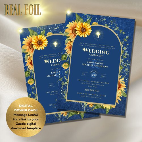 Sunflowers Gold Catholic Wedding Elegant Blue Foil Invitation
