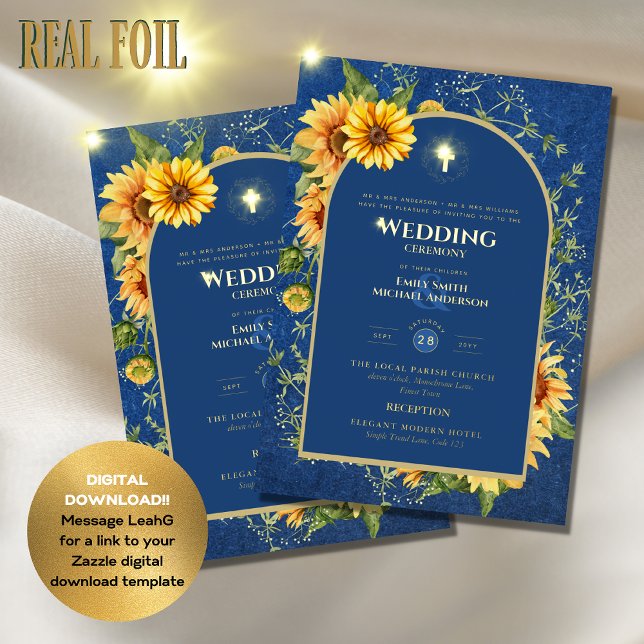 Sunflowers Gold Catholic Wedding Elegant Blue Foil Invitation (Creator Uploaded)