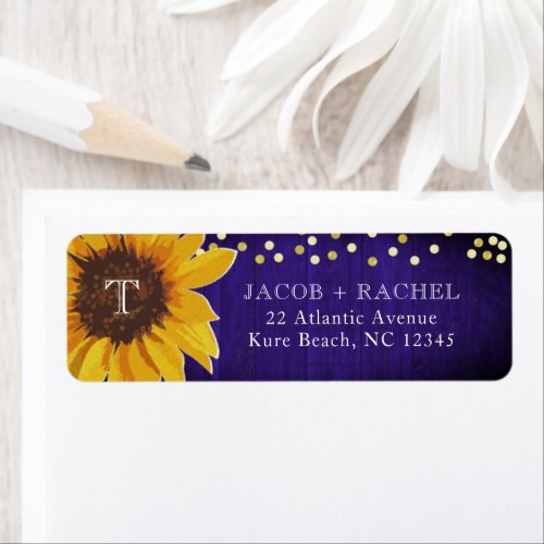 Sunflowers Gold Dots Blue Wood Wedding Address Lab Label