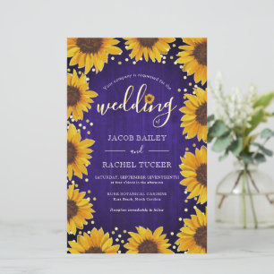 Sunflowers Gold Dots Blue Wood Wedding Invitation