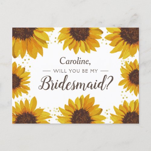 Sunflowers  Gold Dots Will You Be My Bridesmaid Invitation Postcard