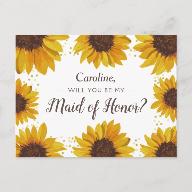 Sunflowers Gold Dots Will You Be My Maid of Honor Invitation Postcard (Front)