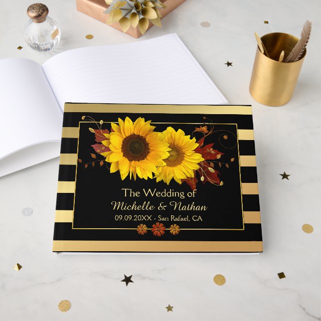 Sunflowers Gold Striped Wedding Guest Book (Front Open)