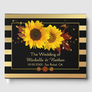 Sunflowers Gold Striped Wedding Guest Book
