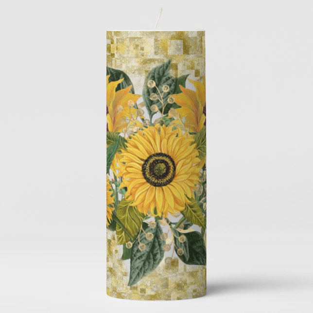 Sunflowers Golden Yellow Muted Green Summer Pillar Candle (Front)