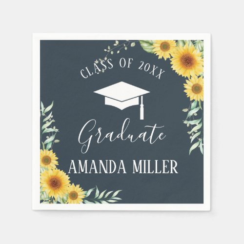 Sunflowers Graduation Party blue paper napkins