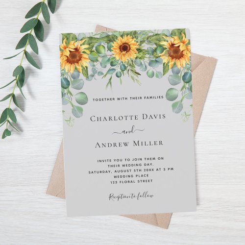 Sunflowers gray eucalyptus greenery invitation