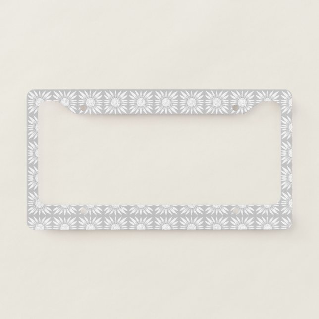 Sunflowers Gray White Tile Pattern License Plate Frame (Front)