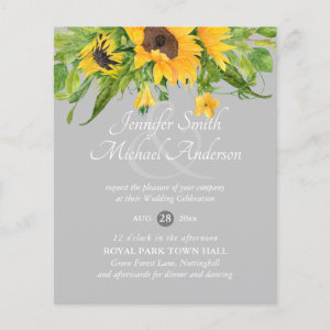 Sunflowers Gray Yellow Floral Wedding Invite