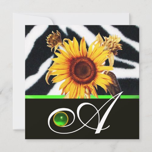 SUNFLOWERS GREEN BLACK WHITE ZEBRA FUR MONOGRAM INVITATION