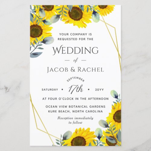 Sunflowers Green Gold Geometric Wedding Invitation
