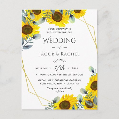 Sunflowers Green Gold Geometric Wedding Invitation Postcard