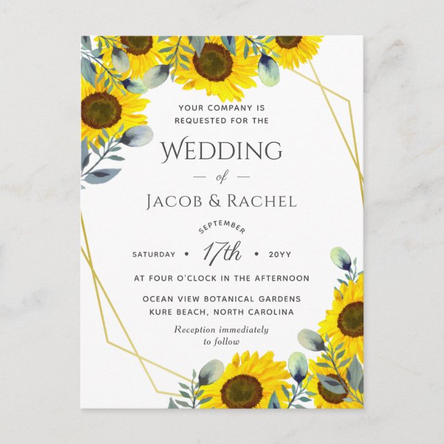 Sunflowers Green Gold Geometric Wedding Invitation Postcard (Front)