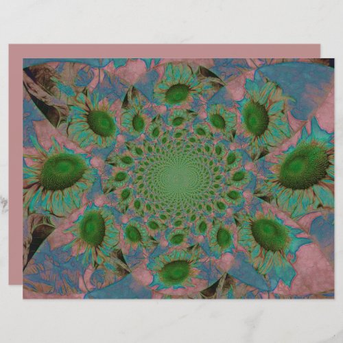 Sunflowers Green Pink Blue Abstract Floral Vintage